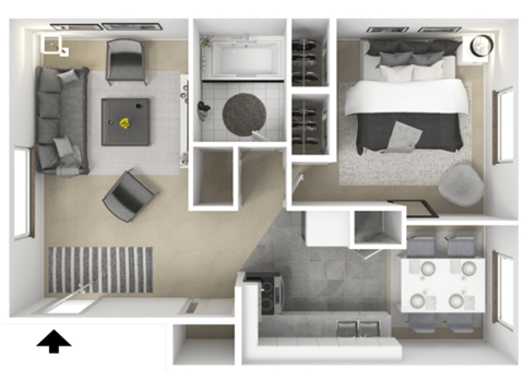 Floor plan for 1 bed, 1 bath, 600 sqft
